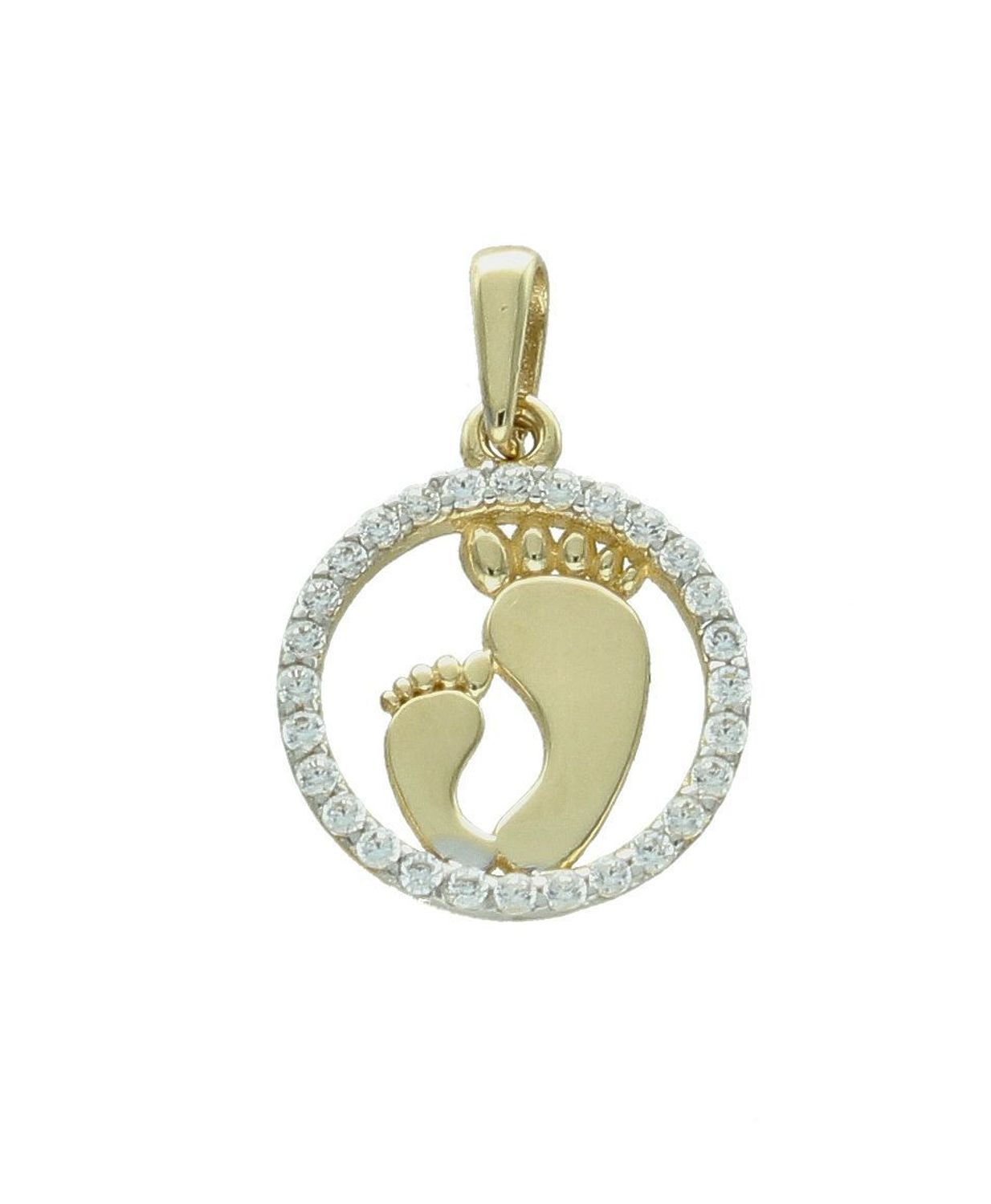 Zawieszka złota stópki z cyrkonią próba 585, ZA 7939 Złota zawieszka 585 Stópki dziecka dla Mamy. Piękny, złoty wisiorek o ciekawym wzorze wykonany z żółtego 14-karatowego złota..jpg